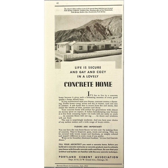 Portland Cement Assoc. "Life is Secure & Gay & Cozy in a Concrete Home" Ad 1936 - Picture 1 of 3